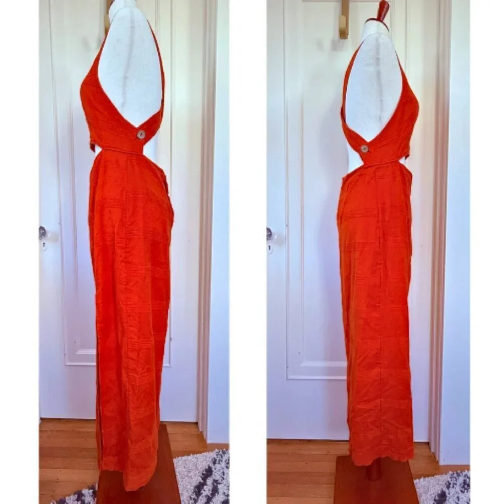 FREE PEOPLE The Simple Life Orange Peach Linen-Blend Maxi Dress Size M - Picture 5 of 12